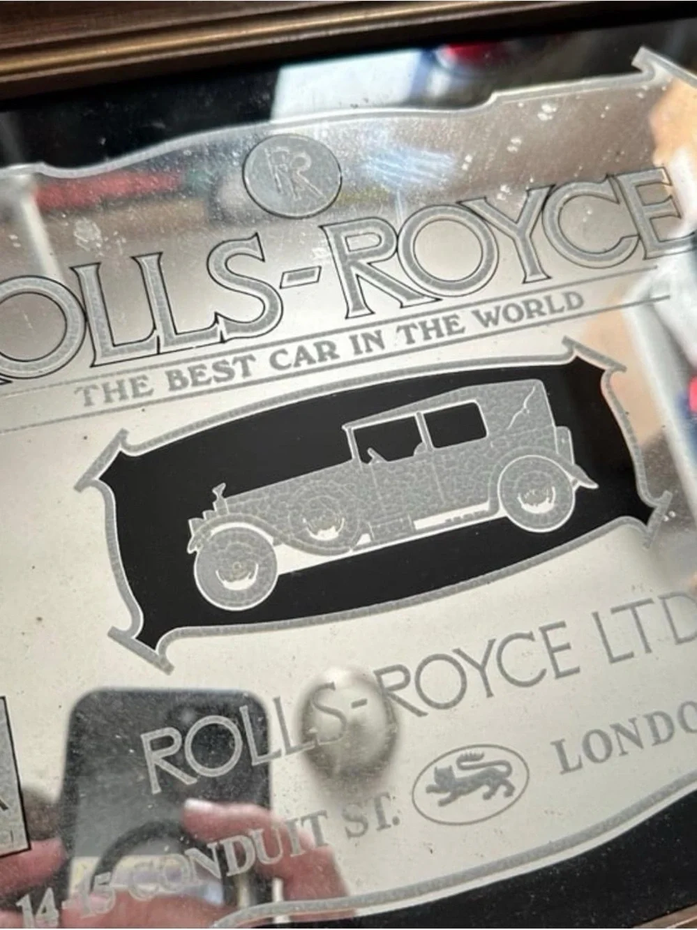 Vintage Rolls-Royce Silver Collectible Wall mirror Plaque in Brown Frame